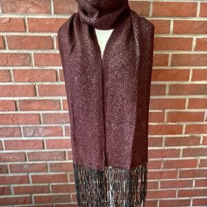 Burgundy Wool Blend Metallic Shimmering Scarf Leather Fringes Scarf 100”x10”